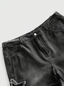 ROMWE MEN Anime Men's Plus Size Fashion Versatile Button Pocket Frayed Hem Jeans - Black - View 3