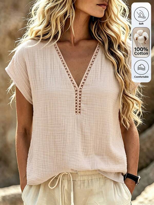 Omancia Notton Women's Summer V-Neck Blouse With Lace Trim, Casual Vacation White