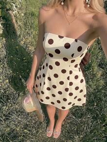 SHEIN Minimalist Vintage Court Style Women's Pale Yellow Asymmetrical Strapless Cinched Waist A-Line Short Dress With Back Bow Decoration, Party Outfit, Birthday Outfit, Banquet Outfit, Garden Party Outfit, Wedding Outfit, Sister Gathering Outfit, Afternoon Tea Outfit, Cocktail Party Outfit - Light Yellow - View 3