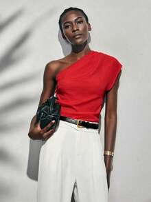 Lumivelle Women's Elegant Fashion Pleated White Relaxed Fit Asymmetrical Shoulder Blouse Romantic - Red - View 7