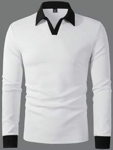 Manfinity Homme Men's Contrast Color Casual Commute Long Sleeve Polo Shirt - White - View 3