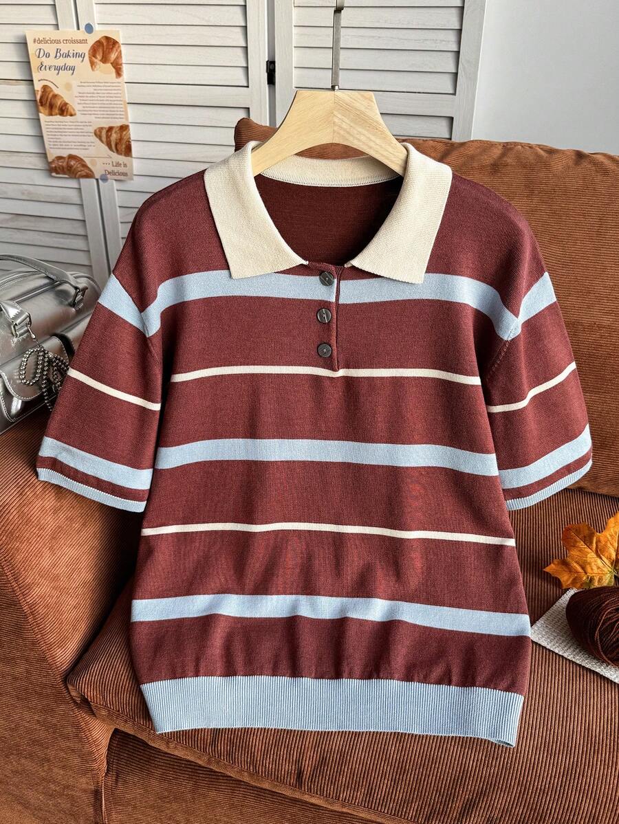 Comfortcana Plus Size Colorblock Striped Short Sleeve Knit Top - Brown - View 1