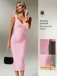 Nuvra Gaun Pesta Midi Bodycon Rajut Bergaris Burgundy dengan Potongan Pinggang Pas untuk Wanita - Baby Pink - View 11