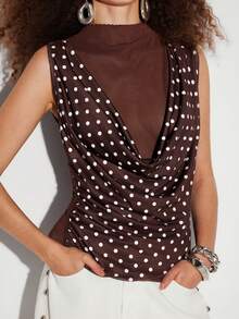 Lumivelle Top sans manches en patchwork de maille à pois marron foncé, design à col montant avec volants, coupe cintrée affinante, t-shirt sans manches élégant style mature pour fille à la mode - Tabac - Voir 3