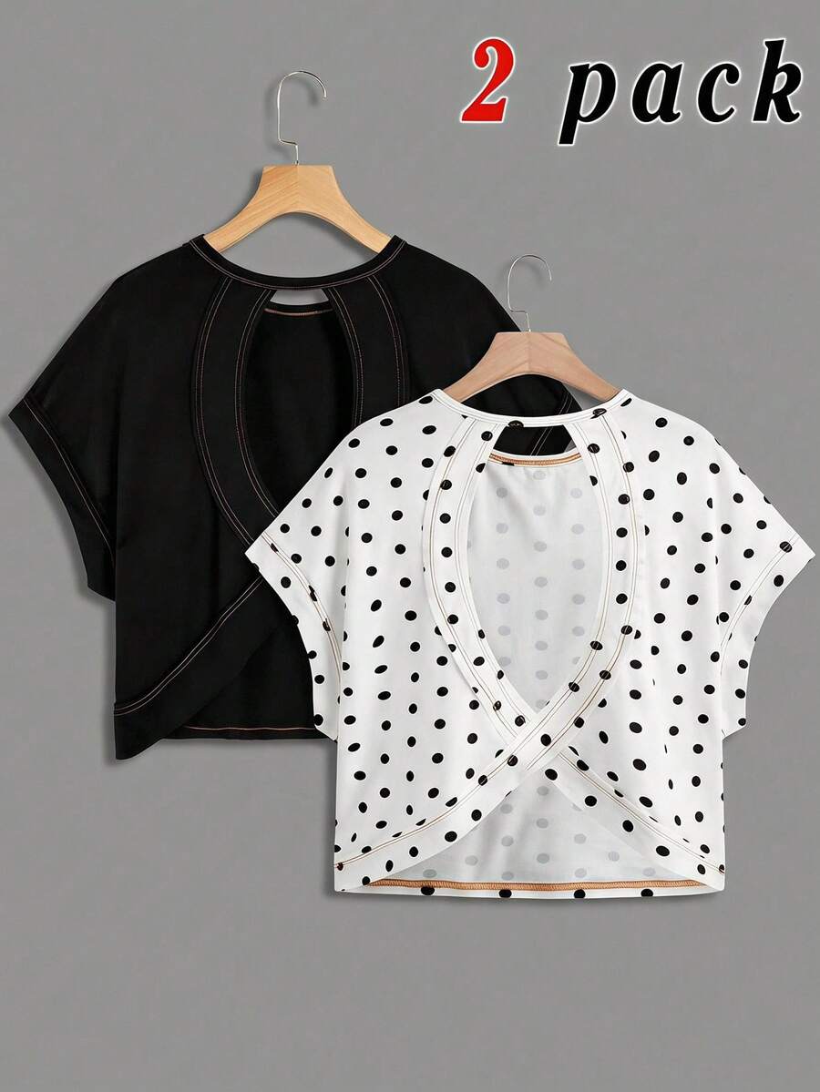 SHEIN Tween女孩春夏兩件套休閒時尚背後交叉露背對比線條設計圓領肩連袖短袖寬鬆版型T恤,返校季,親子套裝,兒童黑色波點 - 黑與白 - 查看 1