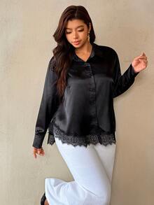 Auralis Plus Size Women's Solid Color Single-Breasted Casual Versatile Daily Wear Shirt Fall - Black - View 3