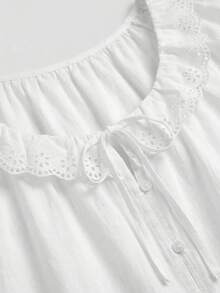 lacRébo White Cotton Blouse With Embroidered Details Front Buttoning Summer Holiday Work Brunch Vacation Office Top Cottagecore Romantic - White - View 10