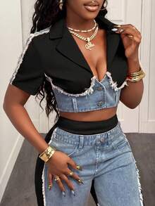 Slaydiva Women'S Colorblock Lapel Neckfrayed Hem Short Sleeve Cropped Denim Jacket Vacation Outfits - Black - View 4