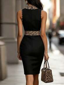 EMERY ROSE Women's Contrast Color Splice Stand Collar Sleeveless Fitted Leopard Print Summer Mini Dress - Black - View 2