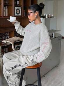 Muchica Light Grey Knit Sweatshirt With Embroidery Design, Women's Pullover, Y2K Grey Sweatshirt - Light Grey - View 4