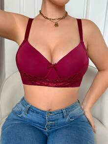 SHEIN 1pc Women's Lace Patchwork Plus Size Underwire Bra - Burgundy - View 5