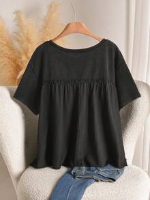 CosyJoli 大尺碼深綠色雪洗水上衣，可愛夏季娃娃風寬鬆女款 T-shirt，適合外出、正式、居家與休閒日常穿著 - 黑色 - 查看 3