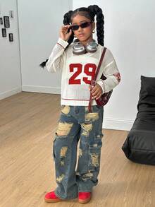 SHEIN Tween Girl V-Neck Knit Winter Sweater, Jersey Style Red Letter Graphic, Oversized Relaxed Fit Off-White, Autumn, Streetwear, Holiday, Back-To-School - Beige - View 5