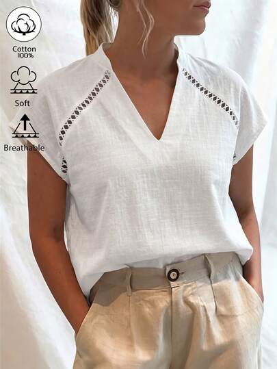 Weeklong Áo blouse tay ngắn cổ chữ V chi tiết cut-out giả linen màu trắng size lớn, dáng rộng phong cách thường ngày cho du lịch