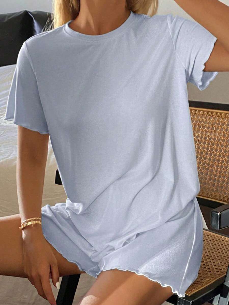 Livesso Summer Comfortable Solid Color Minimalist Knit Wavy Hem Women's Loungewear Set Pajamas - Blue - View 1