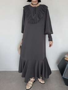 FRIFUL Women's Solid Color Ruffle Long Dress Brunch Dark Grey Autumn Elegant Casual French Everyday Day Time Everyday Day Time - Grey - View 3
