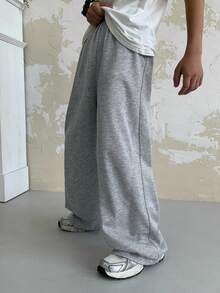 SHEIN 1 件青少年男孩休闲运动学院直筒宽松灰色长裤适合返校适合生日派对、晚会、表演、婚礼、洗礼、开幕式日常适合日常使用适合上学适合旅行适合运动适合春夏季节灰色裤子 - 灰色 - 查看 3