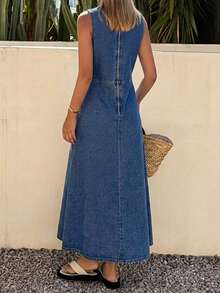 Livesso Women's Autumn Cotton Round Neck Loose Casual Solid Color Button Tie Denim Dress For Vacation And Holiday Vacation Aqua Blue - Blue - View 2