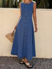 Livesso Women's Autumn Cotton Round Neck Loose Casual Solid Color Button Tie Denim Dress For Vacation And Holiday Vacation Aqua Blue - Blue - View 3