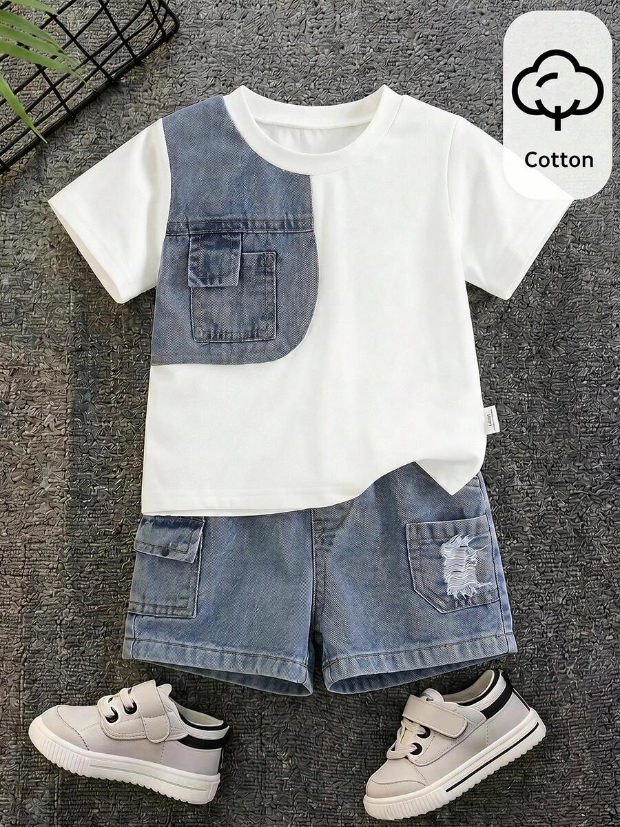 SHEIN 2件套儿童/青少年男童休闲百搭舒适圆领白色拼接牛仔针织T恤和牛仔短裤套装，适合返校穿着