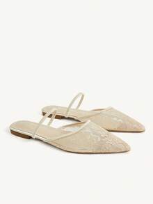 CUCCOO CHICEST French Gentle Style Mesh Yarn Closed Toe Slippers, Low Vamp Flat Bottom Wear Shoes, Elegant Versatile Commuting Slouchy Shoes Fall Shoes - Champagne - View 2