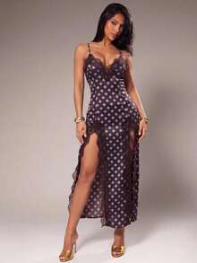 Radiana Women's Brown Polka Dot Spaghetti Strap Ruffle Collar Criss-Cross Backless Dress Casual Romantic Sexy Daily Wear Club Night Out Date Night Summer - Coffee Brown - View 2