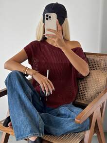 SHEIN EZwear 純色鏤空針織短袖毛衣 - 酒紅色 - 查看 8