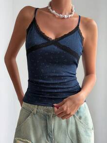 DAZY Women's French Fashion Lace Patchwork Jacquard Camisole Summer - Navy Blue - View 4