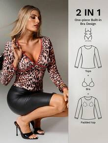 Nuvra Top sexy com estampado leopardo, patchwork, acabamento em renda vermelha, sem sutiã, acolchoado, decote profundo em V e manga comprida, estilo casual para festa de outono/inverno - Castanho Café - Ver 1