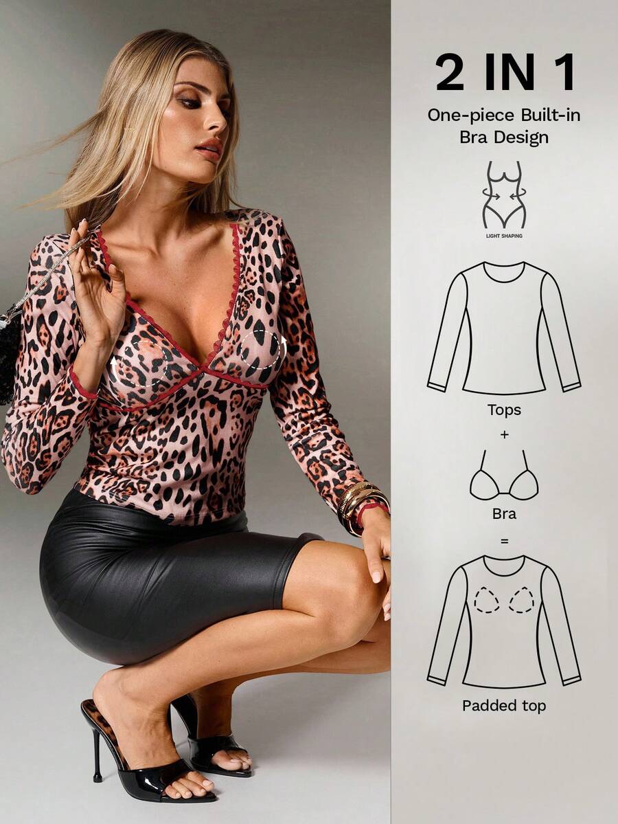 Nuvra Top sexy com estampado leopardo, patchwork, acabamento em renda vermelha, sem sutiã, acolchoado, decote profundo em V e manga comprida, estilo casual para festa de outono/inverno - Castanho Café - Ver 1