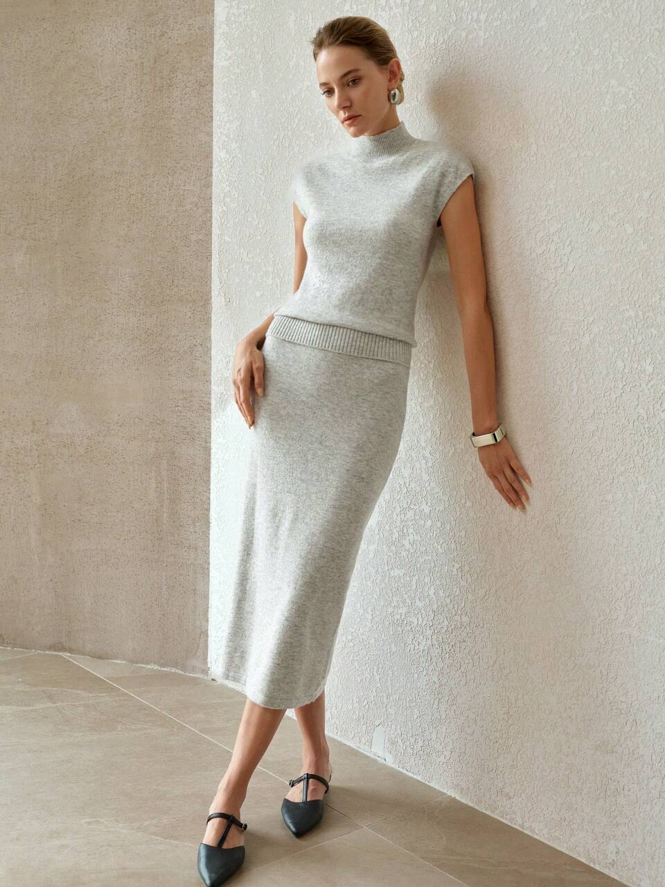 MOTF WOMEN'S CASUAL MINIMALIST VERSATILE SOLID COLOR HIGH NECK CAP SLEEVE KNIT TOP AND SKIRT SWEATER SET