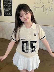 DAZY Loose Fit Collared Letter Polo Short Sleeve Sweater Top For Young Girls' Fall - Beige - View 1