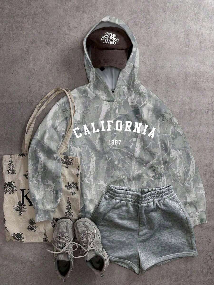 Attitoon Leaf & Branch Letter Print Chic Loose Fit Drop Shoulder Sweatshirt, Suitable For Fall/Winter Street Style - Multicolor - View 1
