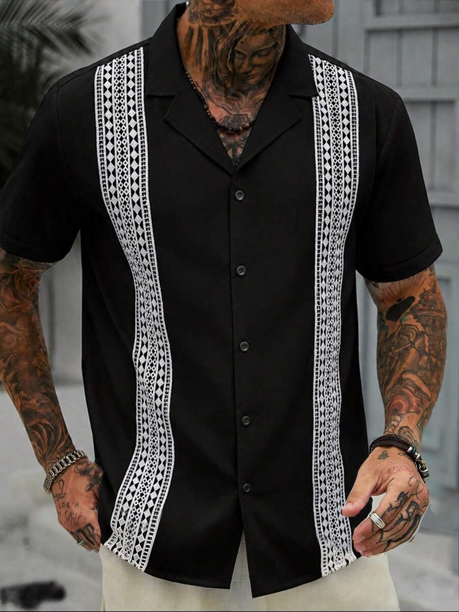 Manfinity CasualCool 男士休閒成熟風西裝領短袖襯衫 - 黑色 - 查看 1