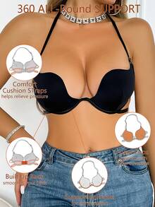 SHEIN 1pc Women Solid Color Backless Halter Neck Bra - Black - View 4