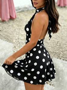 Cévolie Vestido mini de línea A con volantes, estampado de lunares, con cuello halter y espalda con lazos, estilo retro francés chic - Negro - Ver 3