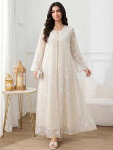 Al Najma Women's Jacquard Round Neck 2 In 1 Arabian Dress - Apricot - View 4