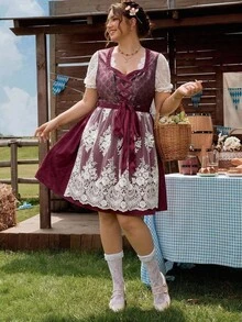 SHEIN CURVE+ Plus Size Lace Trim Design Embroidered Mesh Hem Sleeveless Elegant Dress, Fall Winter 2026 22W - Burgundy - View 3