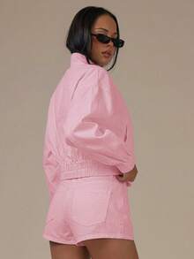 MUSERA Denim High Neck Balloon Sleeve Zip Through Jacket Spring Summer Cute Cosy Cottage Core Spring Dew - Pink - View 2