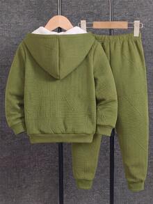 SHEIN Explorewe 2件組可愛卡通印花拉鍊連帽長袖抓絨內裡外套長褲套裝，休閒街頭滑板風，秋冬生日綠色 - 軍綠色 - 查看 2