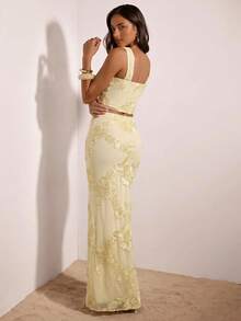 Opulessa Women's Elegant Romantic Tropical Sexy Exquisite Embroidered Halter Top And Maxi Skirt 2 Pieces Set Wedding Pale Yellow Summer Garden Party Vacation - Apricot - View 2