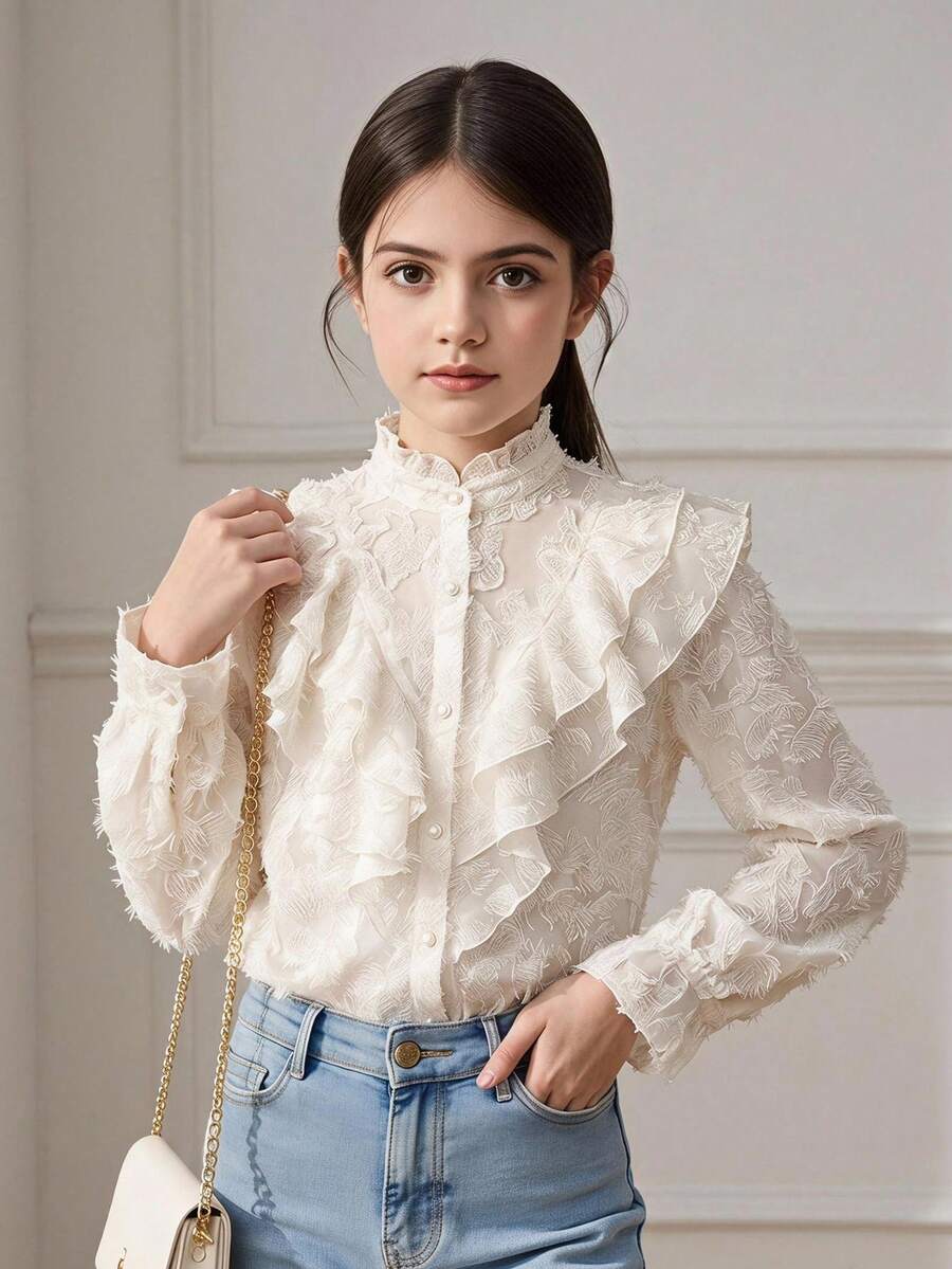 Firerie Kids Firerie Kids Elegante zarte Retro-Palaststil-Bluse für Kleine Mädchen und Tween-Mädchen in Apricot, einfarbig, mit Stehkragen, Rüschen, Jacquard-Struktur, Knöpfen und ausgestellten Ärmeln, für den Alltag und Schulanfang - Weiss - Übersicht 1