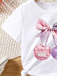 Conjunto básico de camiseta corta y pantalones cortos para bebé niña con lazo rosa y estampado patchwork de cerezas, estilo minimalista fresco - Multicolor - Ver 7