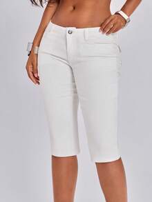 ROMWE Grunge Punk Summer Outfits Vintage Embroidered Rhinestone Sexy Y2K Ultra Low Waist White Tight Denim Shorts - White - View 2
