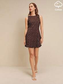 lacRébo Brown And White Polka Dot Sleeveless Cotton Mini Dress In Jersey With A Round Neckline Summer Vintage Casual Chic Brunch - Brown - View 3