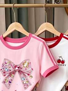 1 Random Item From 3 Young Girls Fashion Versatile Personality Minimalist Diamond Bow Cherry Letter Pattern Short Sleeve T-Shirt And Shorts Set - Multicolor - View 4