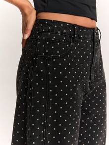 SHEIN BAE Women'S Polka Dot Pattern Pocket Tapered Casual 80s Retro Streetwear Denim Jeans Fall Clothes Teacher Pants Daytime Holiday Going Out Everyday Date - Black - View 7