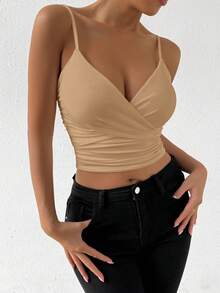 SHEIN VaVaLuxe Khaki Summer Seksi Chic Holiday Vacation Holiday Women's V-Neck Backless Sleeveless Ruched Top,Slim Fitting Waist Cinching Elegant Nightclub Top - Khaki - View 5