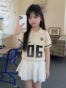 DAZY Loose Fit Collared Letter Polo Short Sleeve Sweater Top For Young Girls' Fall - Beige - View 4