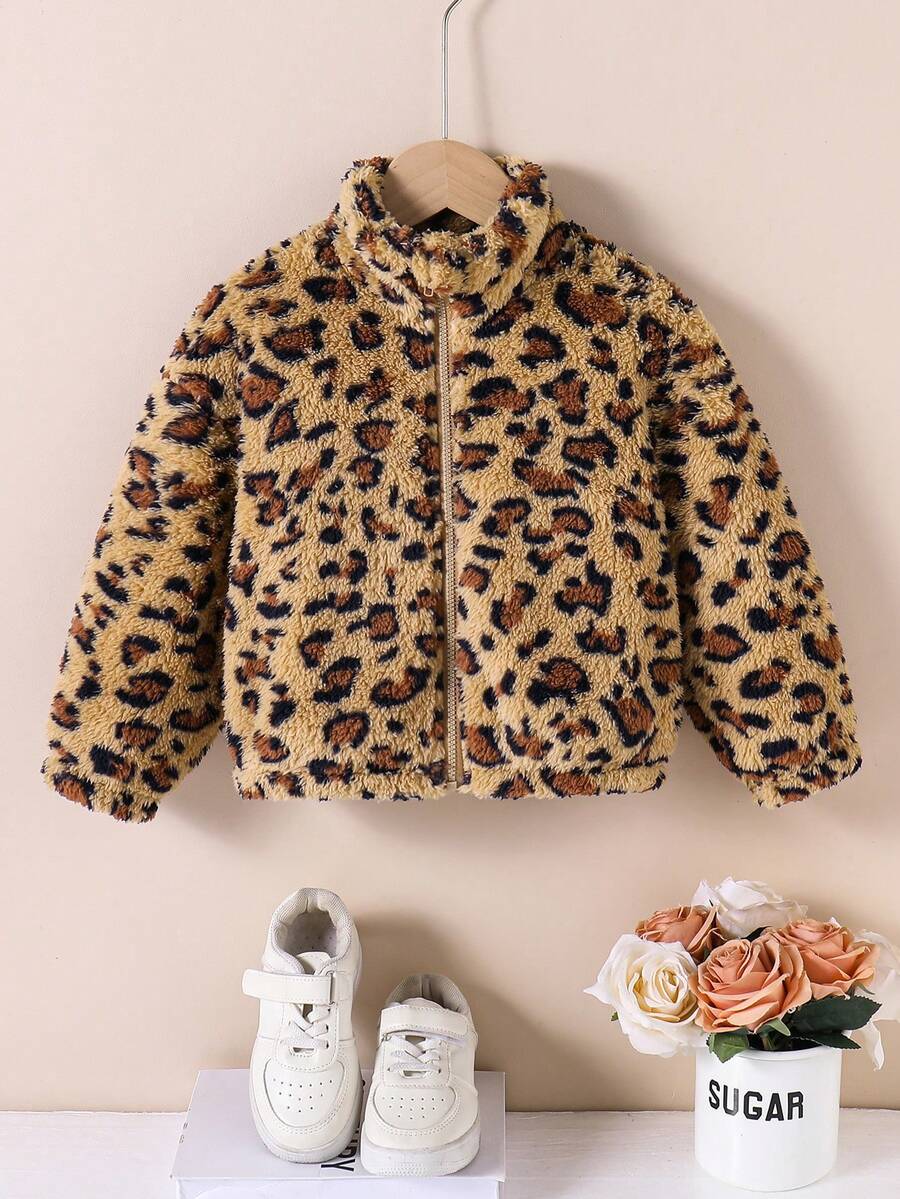 SHEIN 女童小女孩彩色圖案立領長袖拉鍊假領保暖泰迪絨毛夾克 秋冬保暖舒適 - 棕色 - 查看 1